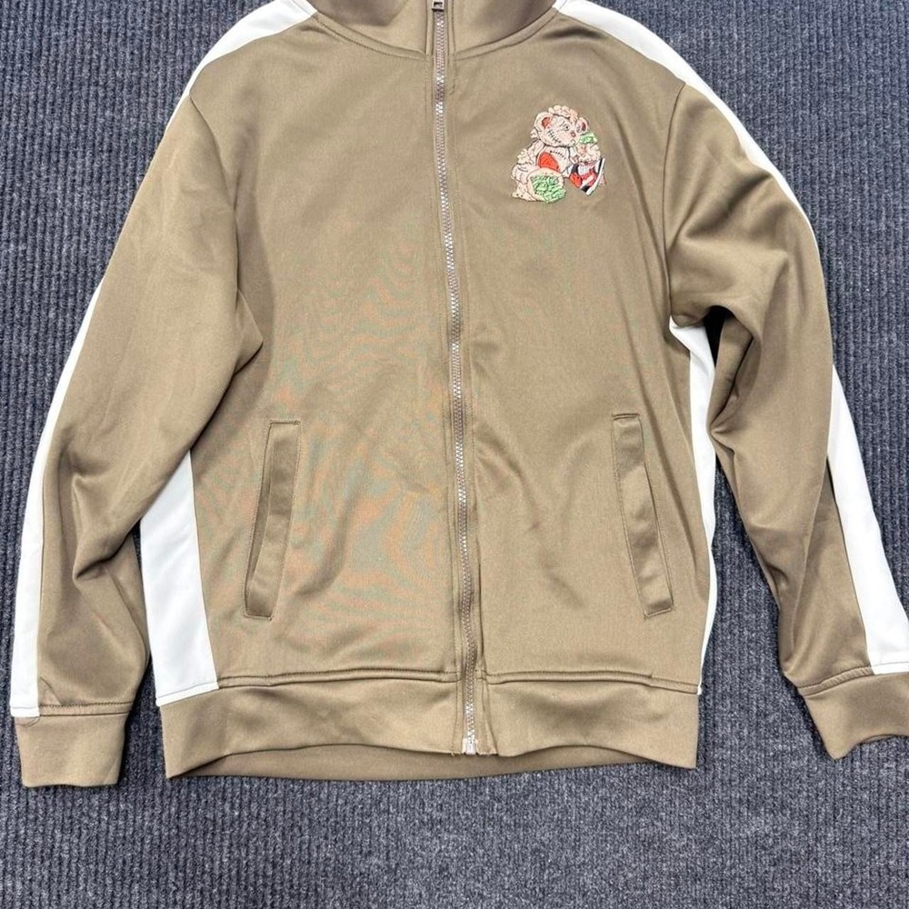 Rebel Minds tan and white track jacket with embroidered graphic, size S